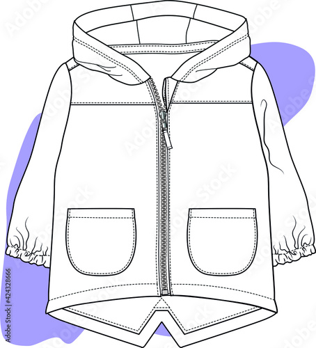 Hooded Raincoat design for baby. 
Baby Windcheater fashion flat sketch. You can use it as a design template. vector drawing