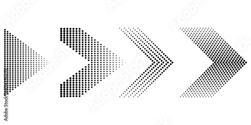 black dots arrows. Arrow icon collection. Halftone dots background. Fade abstract pattern. Stock image. EPS 10.