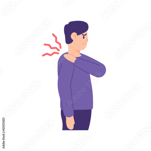 a man holds his shoulder because he feels pain in the shoulder. shoulder disease, muscle pain, shoulder injury. the expression on the face of the person who was enduring the pain. flat style. vector