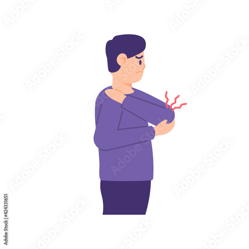 a man holds his arm or elbow because he feels pain or aches. illustration of a person who has a hand injury, sprains, cramps, or tingling sensation. flat style. vector design