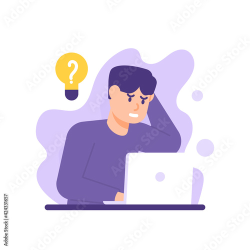 run out of ideas, need inspiration, problems and solutions. illustration of male employee confused and thinking about getting an answer. flat style. vector design