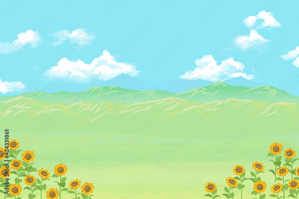 Fototapeta premium ひまわりの咲く草原と空と山の風景ベクターイラスト