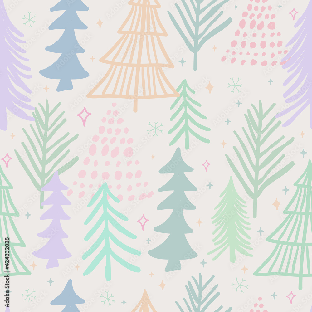 seamless vector winter oliver green background with drawn tree, plant and snowflake pattern seamless vector winter oliver green background with drawn tree, plant and snowflake pattern