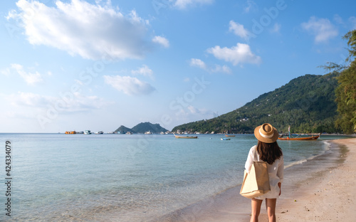 Rear view image of a woman with hat and bag strolling on the beach with blue sky background © Farknot Architect
