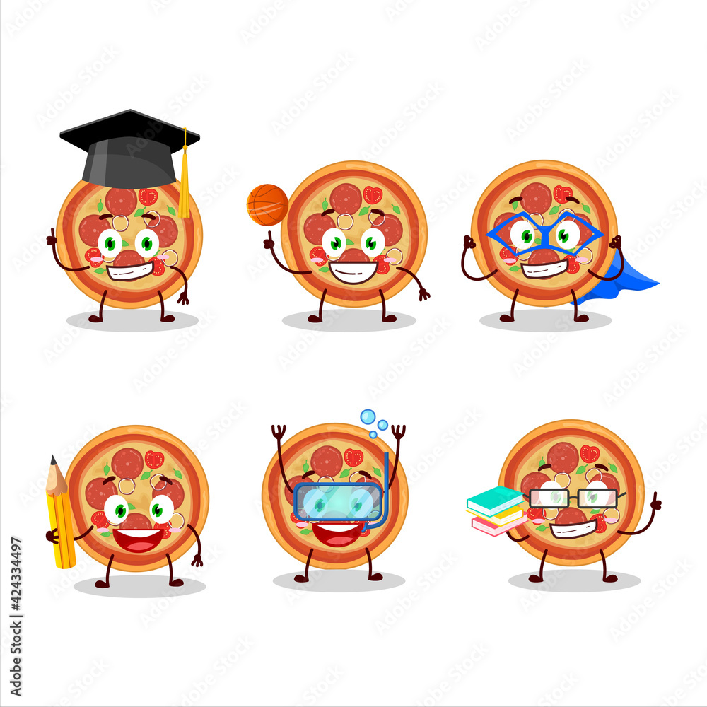 School student of beef pizza cartoon character with various expressions School student of beef pizza cartoon character with various expressions