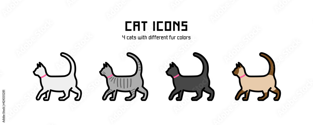 Vector cat icons. 4 cats with different fur colors.
Vector cat icons. 4 cats with different fur colors.