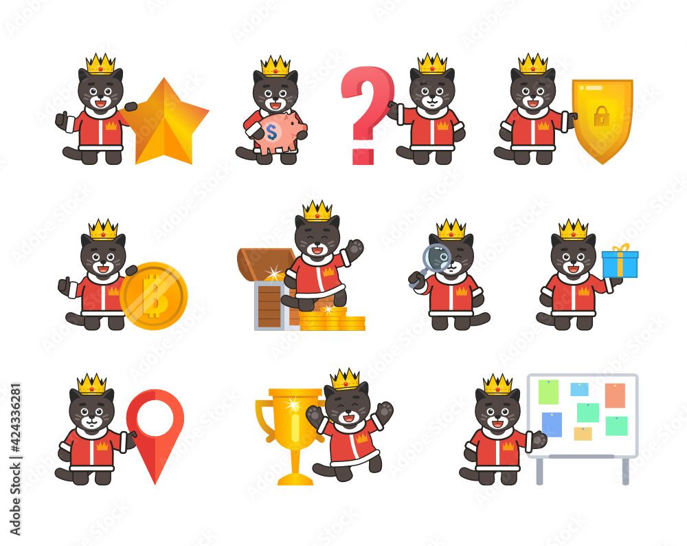 Naklejka premium Black cat, panther king characters set in various situations. Modern vector illustration
