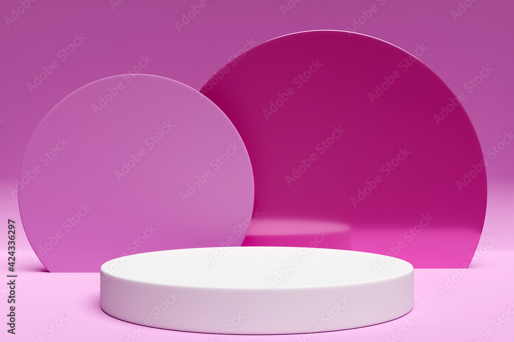 3d illustration of a white scene from a circle with round arch at the back on a pink background. A close-up of a round monocrome pedestal. 3d illustration of a white scene from a circle with round arch at the back on a pink background. A close-up of a round monocrome pedestal.
