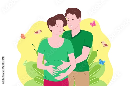 Pregnancy, motherhood concept. Pregnant and happy beautiful young woman holds her belly, hugged by a young man. Flat cartoon vector illustration of a married couple awaiting the birth of a child.