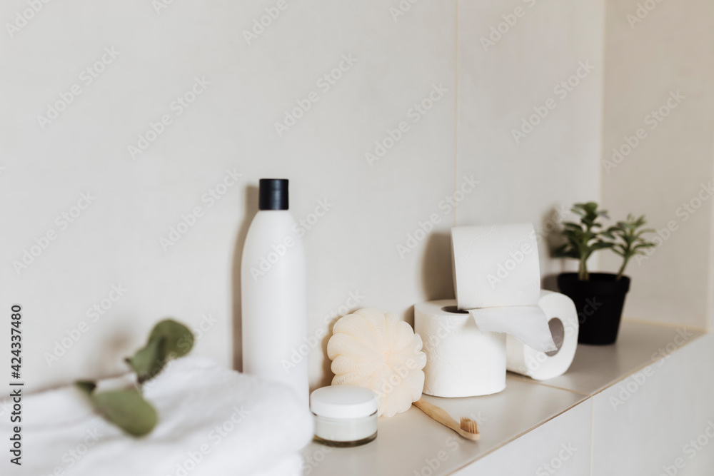 White bathroom, bath accessories. Household, hotel cleaning concept White bathroom, bath accessories. Household, hotel cleaning concept