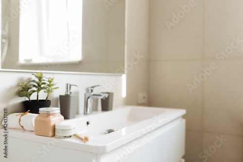 Washbasin in bathroom, bath accessories. Household, hotel cleaning concept