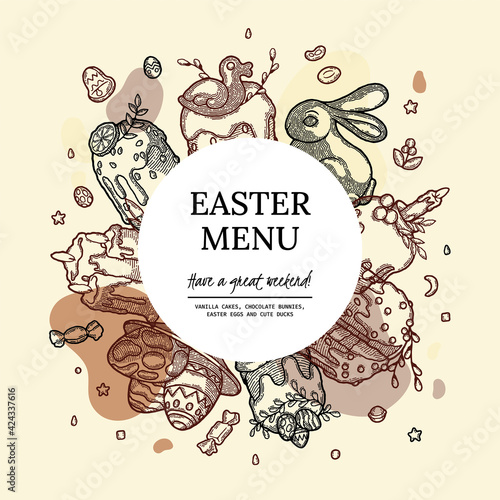 Template for Social Media Post. Boho Menu with Vector Illustrations. Traditional Easter Bakery Cupcake, Cake, Kulich, Chocolate Easter Bunny. Decorative Element Of Ribbon, Lemon, Painted Egg, Candle