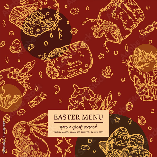 Easter Cake and Pastry Cover for Recipe Book, Delivery. Hand drawn Bakery, Kulich, Chocolate Bunny, Colored Eggs design in color. Homemade summer dessert Menu template. Ilustration for Food Cafe