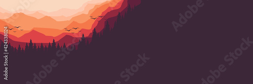 Landscape flat design vector illustration of mountain scenery good for web banner, blog banner, tourism poster design, tourism ads banner, social media template design and wallpaper design background