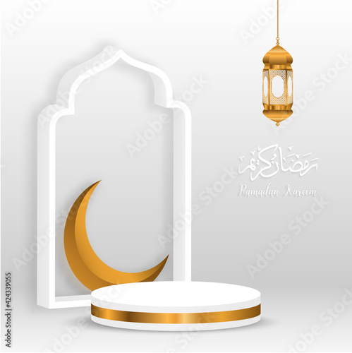 3d ramadan kareem white background Translation of text : Ramadan Kareem with golden lamp and podium
