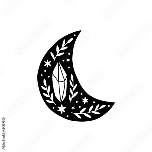 Magical moon vector illustration. Black crescent moon and crystal. Celestial t shirt print, boho poster, magic cards, floral moon tattoo, modern logo. Scandinavian style