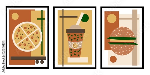 Set three pieces of pizza, drink and burger of Junk food wall art. Kitchen wall decor for restaurant. Cafe wall Decorations.