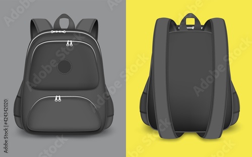 Backpack mockup set, vector isolated illustration. Realistic black school bag, rucksack with zipper, handle, straps
