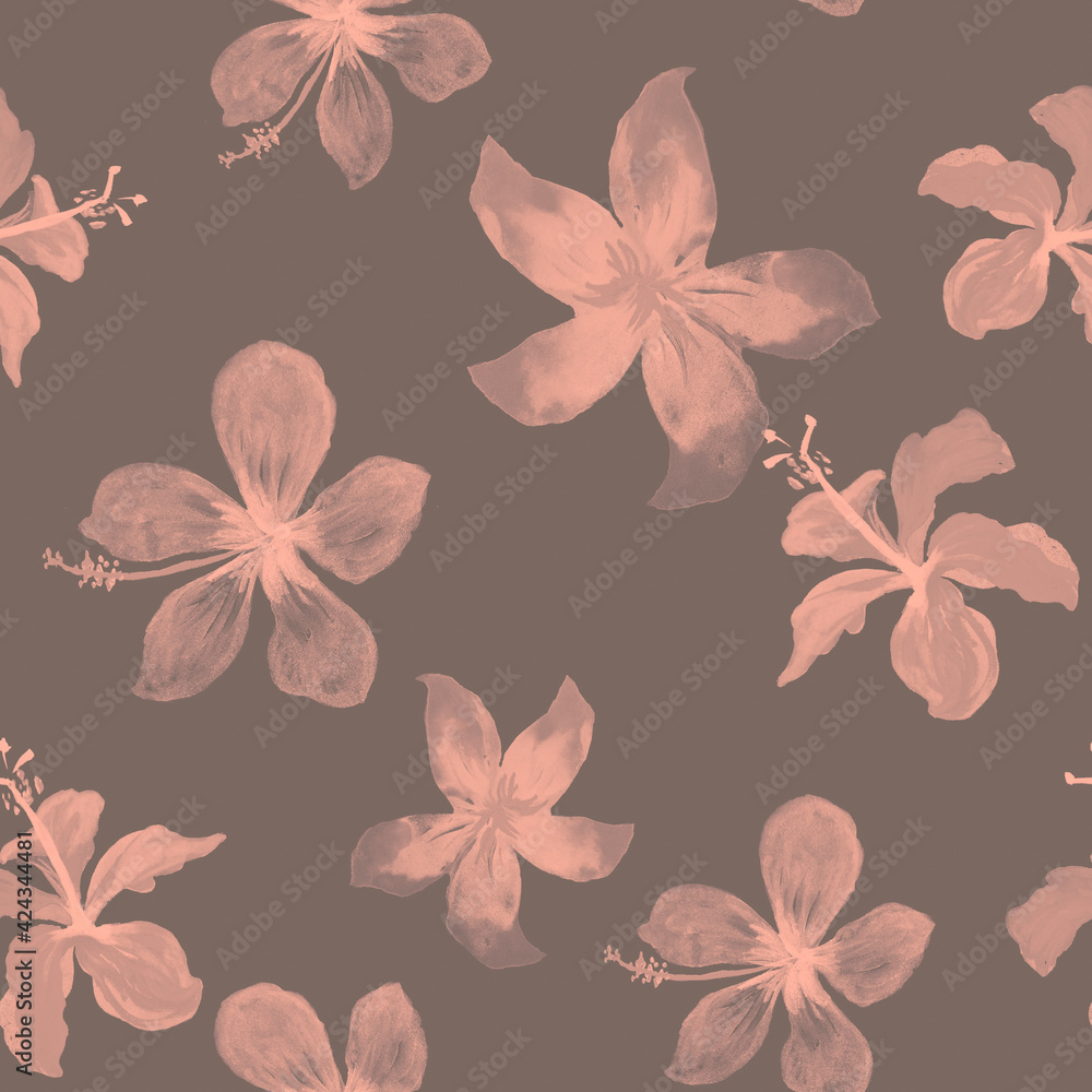 Pink Seamless Leaves. Gray Pattern Background. Coral Tropical Exotic. Black Spring Palm. Floral Leaves. Drawing Illustration. Flora Leaf. Wallpaper Exotic.