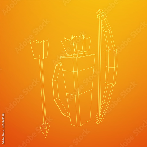 Medieval Bow and arrow archer weapon. Wireframe low poly mesh