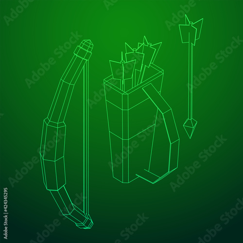 Medieval Bow and arrow archer weapon. Wireframe low poly mesh