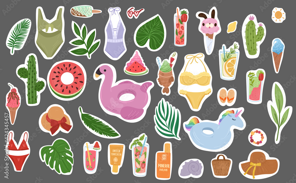 Summertime vector Stickers collection hand drawn Summertime vector Stickers collection hand drawn