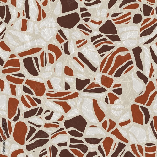 Seamless rock or stone shaped contour pattern print. High quality illustration. Terrazzo like mosaic of natural rounded curve shapes. Textured contemporary surface design for print.