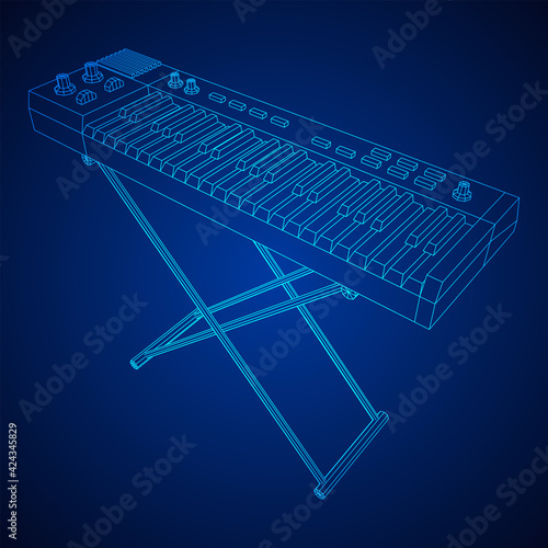 Piano roll analog synthesizer faders buttons knobs. Wireframe low poly mesh