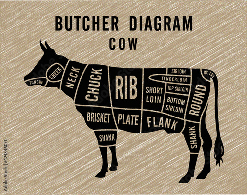 Cut of beef set. Poster Butcher diagram - Cow. Vintage typographic hand-drawn. Vector illustration