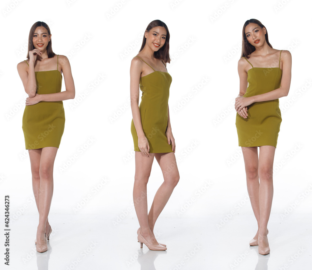Fototapeta premium Asian Woman black hair stand fashion poses full length body, isolated
