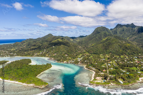 Stunning aerial view of the Muri beach and lagoon, in Rarotonga in the Cook islands in the South Pacific ocean on a sunny day