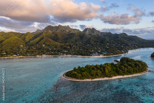 Aerial view of the sunrise over the stunning Muri lagoon and beach in Rarotonga island in the Cook islands, south Pacific photo