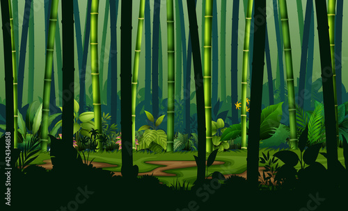 Illustration of bamboo forest at night landscape