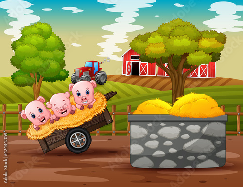 Farm scene with three little pigs on the cart