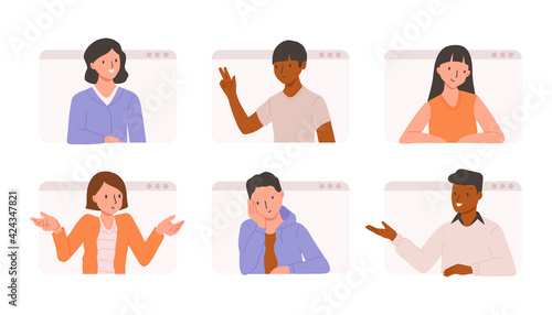 Conference call and remote meeting concept. Company co-workers sprint. Flat vector illustration with people chatting online