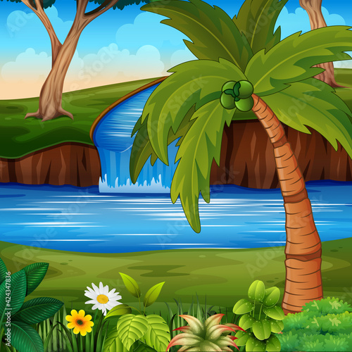 Background scene with a river and coconut tree