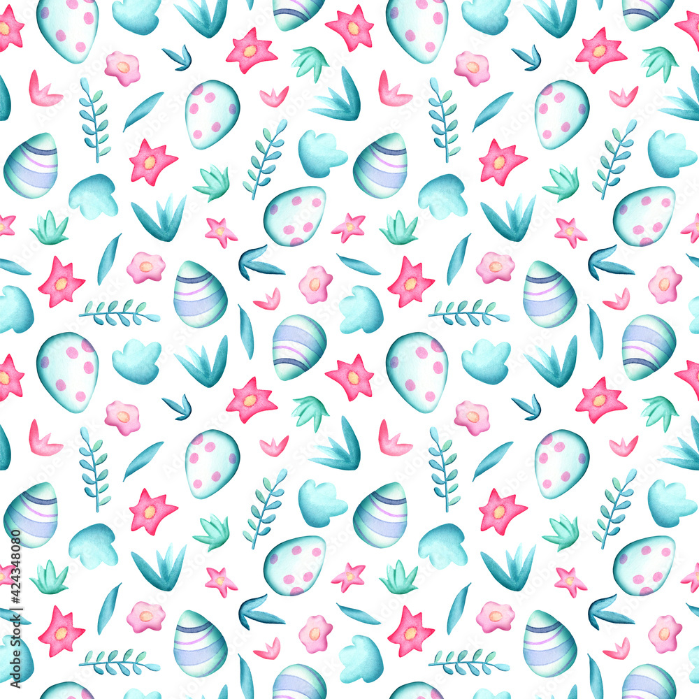 Easter eggs and spring flora seamless pattern square tile on white background. Watercolor Easter wrapping tissue swatch. Spring holiday pastel print for home decor or nursery textile. Easter paper Easter eggs and spring flora seamless pattern square tile on white background. Watercolor Easter wrapping tissue swatch. Spring holiday pastel print for home decor or nursery textile. Easter paper