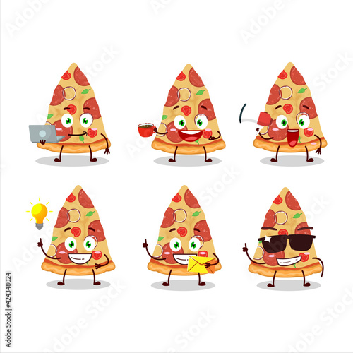 Slice of beef pizza cartoon character with various types of business emoticons