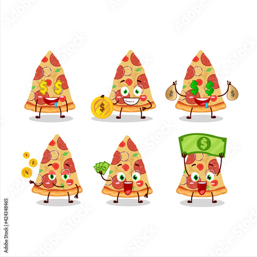 Slice of beef pizza cartoon character with cute emoticon bring money