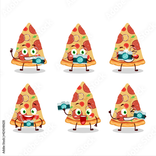 Photographer profession emoticon with slice of beef pizza cartoon character