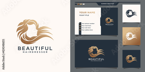 Elegant woman logo design and business card. Logo can be used for beauty salon, hairdresser, hair stylist. Premium Vector