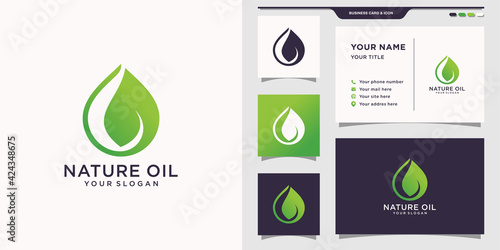 Nature oil logo with oil water droplets and business card design. Logo for natural beauty, salon, yoga and spa. Premium Vector