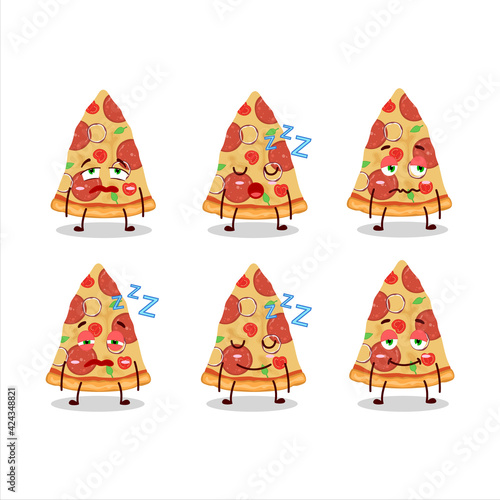 Cartoon character of slice of beef pizzawith sleepy expression