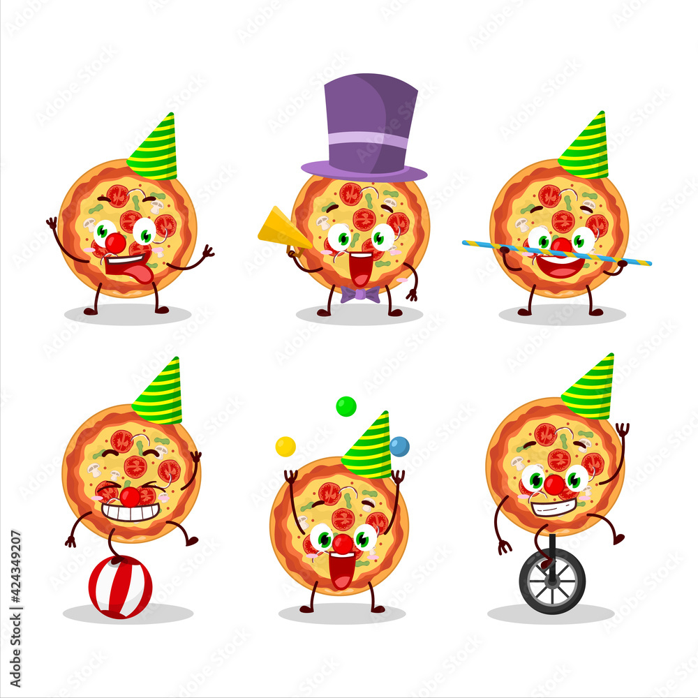 Cartoon character of tomato cheese pizza with various circus shows Cartoon character of tomato cheese pizza with various circus shows