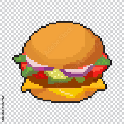 pixel art fast food burger with beef and cheese toppings