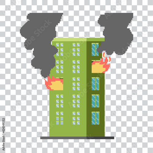 pixel art building on fire