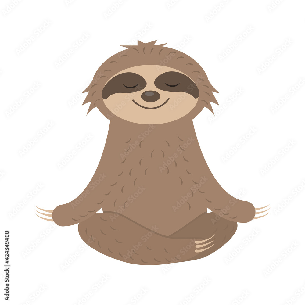 Fototapeta premium Cute Sloth Character does yoga, Meditates, vector isolated