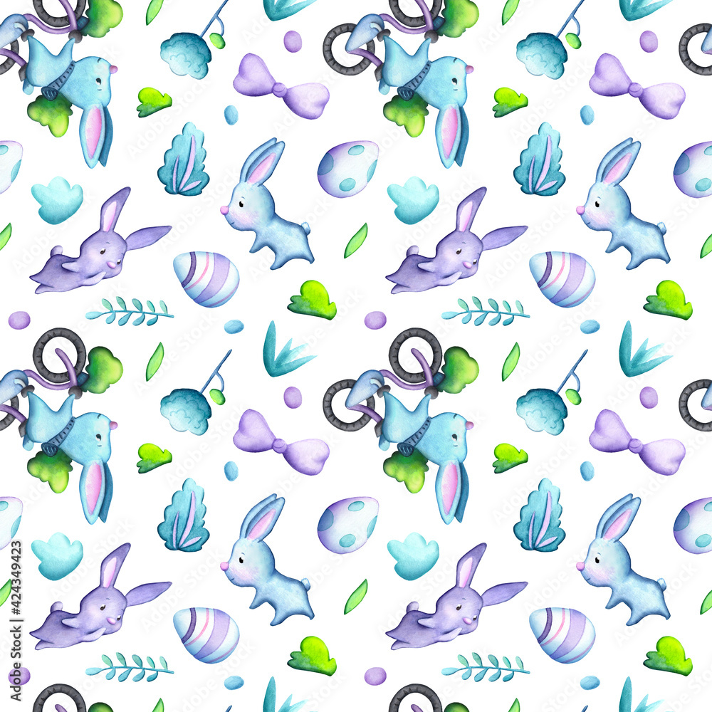 Easter eggs and cute bunny seamless pattern tile on white background. Watercolor Easter wrapping tissue swatch. Spring holiday pastel print for home decor or nursery textile. Easter paper tileable Easter eggs and cute bunny seamless pattern tile on white background. Watercolor Easter wrapping tissue swatch. Spring holiday pastel print for home decor or nursery textile. Easter paper tileable