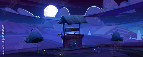 Old stone well with drinking water on hill. Summer night landscape with full moon light, vintage rural well with wooden roof, pulley and bucket on rope, farm or village Cartoon vector illustration