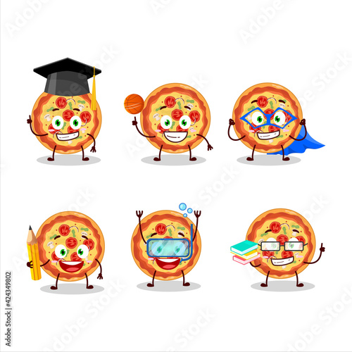 School student of tomato cheese pizza cartoon character with various expressions